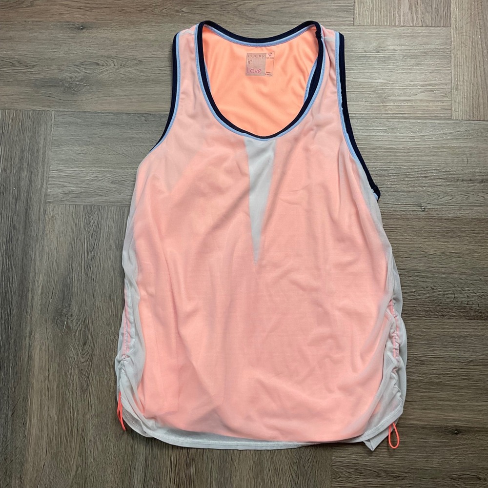 Lucky in Love Mesh Layered Ruched Tennis Tank Top Womens Medium Peach Sport Golf